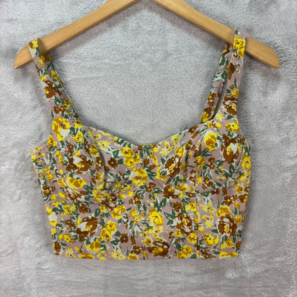 ASTR The Label Floral Print Crop Top Sweetheart Neckline Yellow Brown Size Small